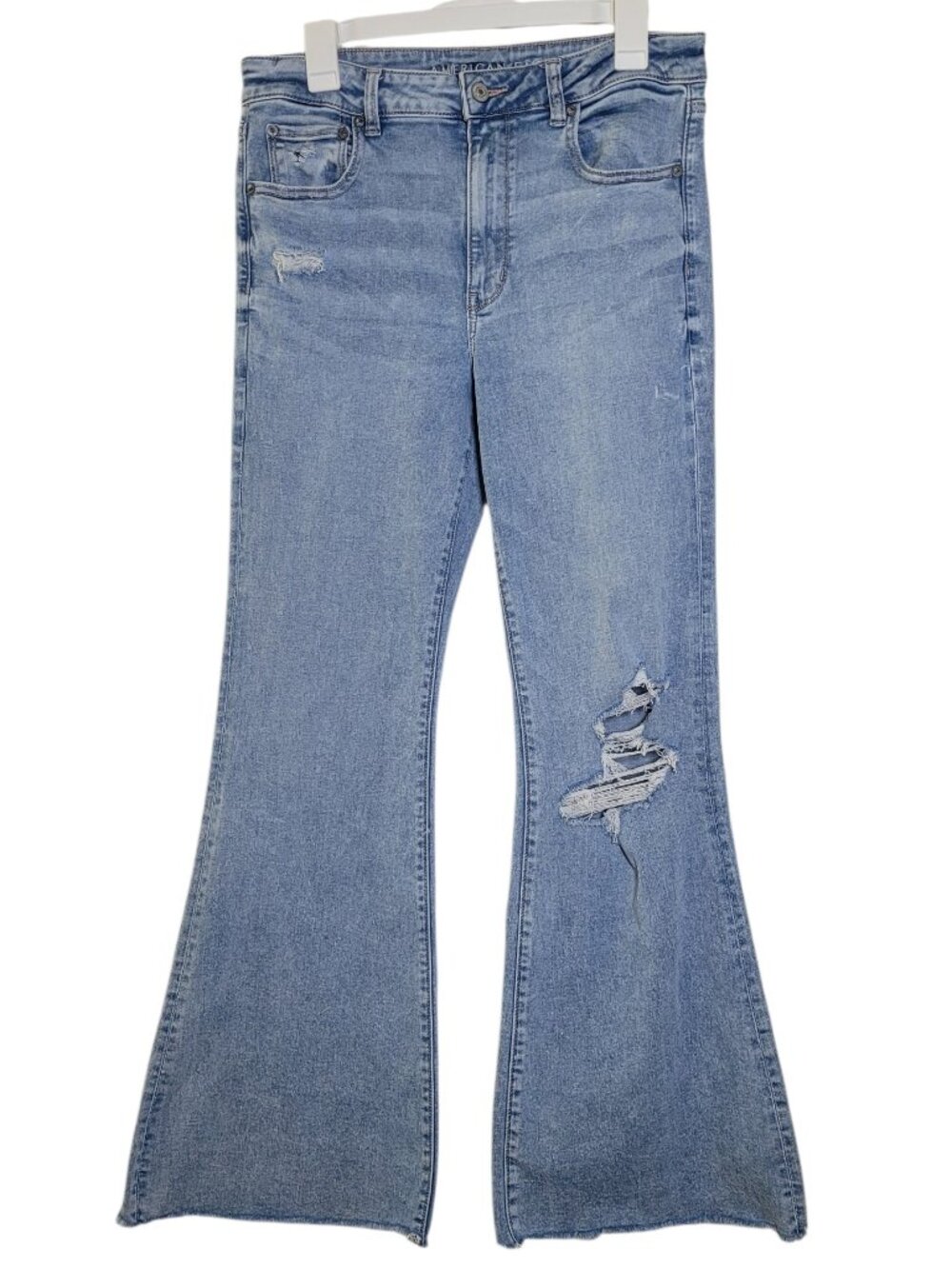 American Eagle Next Level Super High Waisted Flare Jeans Size 12 Distressed Y2K